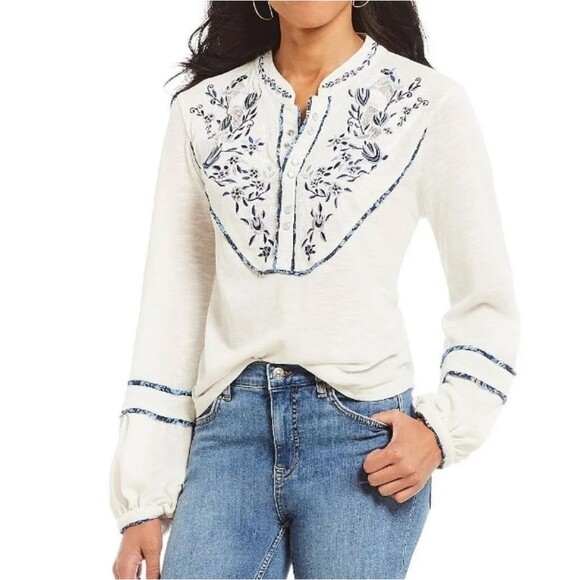 Free People Sundance Kid Embroidered Henley western pearl snap top white blue - Picture 1 of 7